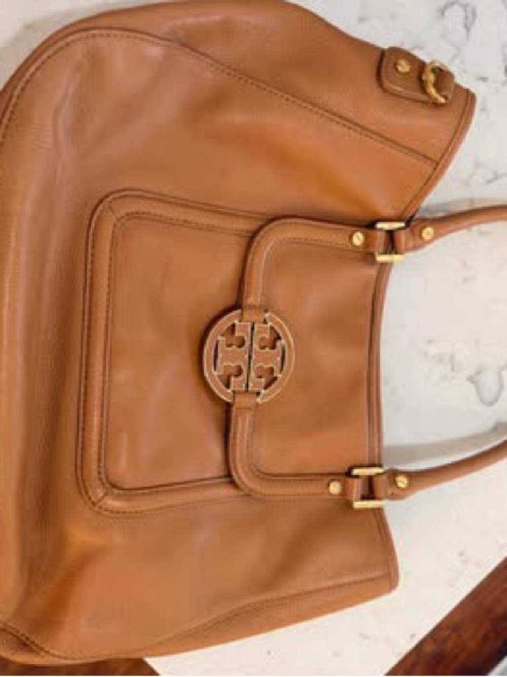 Tory Burch Cognac Leather Shoulder Bag with Logo Medallion